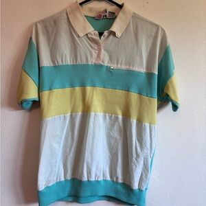 Retro Striped Polo Shirt in Blue, Yellow, and White